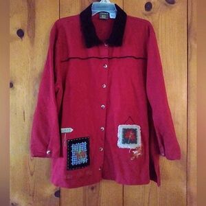 Onque Woman French Terry Button Down Jacket with Fall Applique Detail